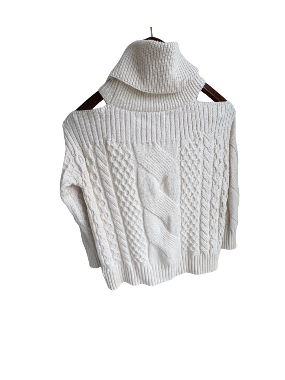 Anthropologie Cream Cable-Knit Cold-Shoulder Turtleneck Sweater, XS Coastal Boho - Picture 3 of 7